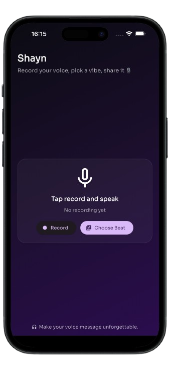 Shayn home — tap record and speak, or choose a beat to begin