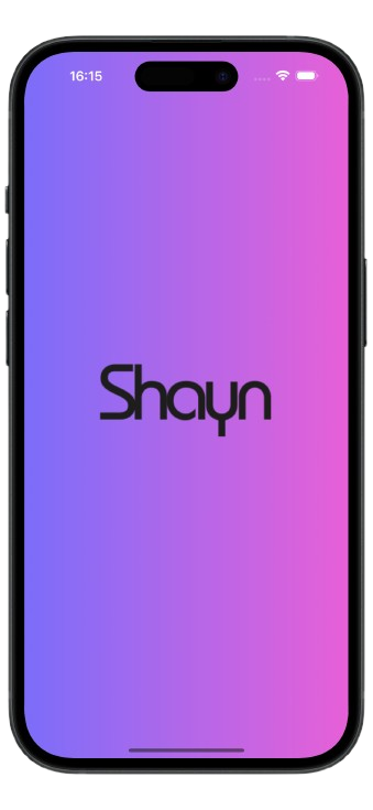 Shayn splash screen — the Shayn logo on a purple-to-pink gradient