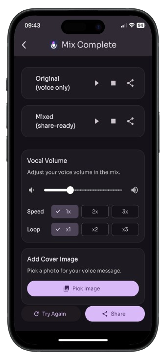Shayn — mix complete screen with vocal volume, speed, loop and add cover image controls